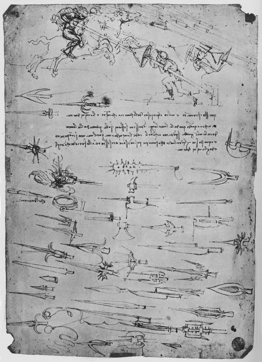 Tanulmányok a lovasokra lándzsákkal, amelyekhez pajzsokkal támadó gyalogos katonákról, c1480, 1945 alkotó: Leonardo da Vinci