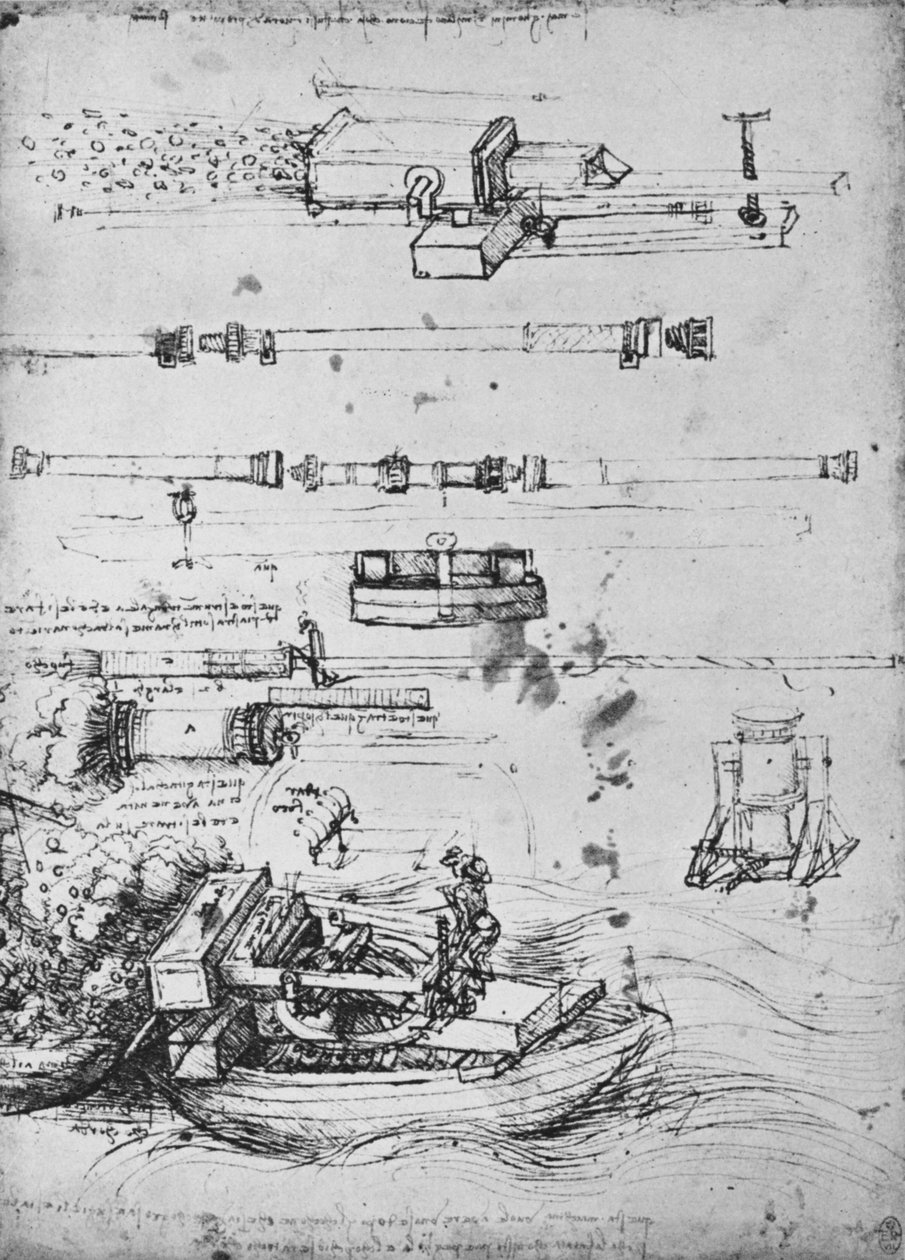 Tanulmányok a habarcsokról, egy tüzelés csónakból és a Canonról, c1480 1945 alkotó: Leonardo da Vinci