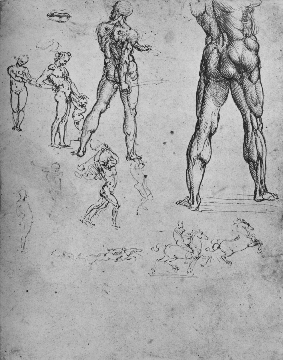 Tanulmányok meztelen katonáról karddal és kisebb vázlatokkal, c1480 1945 alkotó: Leonardo da Vinci