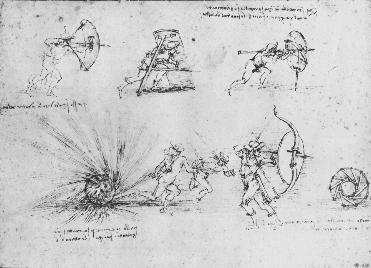 Tanulmányok a gyalogos katonák védelmére szolgáló pajzsokról és egy bomba felrobbanásáról, c1480 1945 alkotó: Leonardo da Vinci
