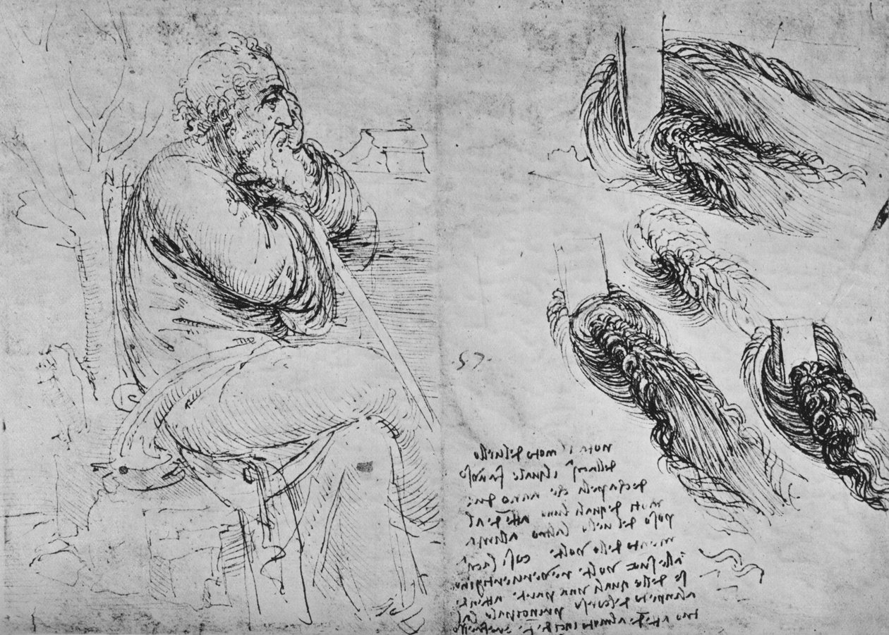 Tanulmányok egy ülő öregemberről és az örvénylő vízről, c1480 1945 alkotó: Leonardo da Vinci