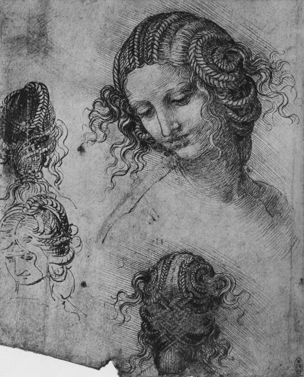Studies of a Womans Head and Coiffure, C1480, 1945 alkotó: Leonardo da Vinci