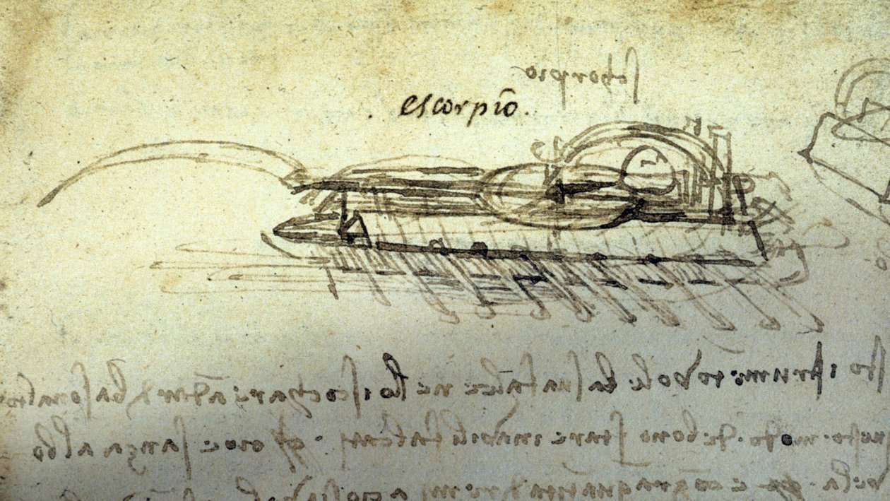 Leonard de Vinci (Leonardo da Vinci) (1452-1519) tanulmánya az Escorpio hadigépezethez. Rajz tollal és tussal. alkotó: Leonardo da Vinci