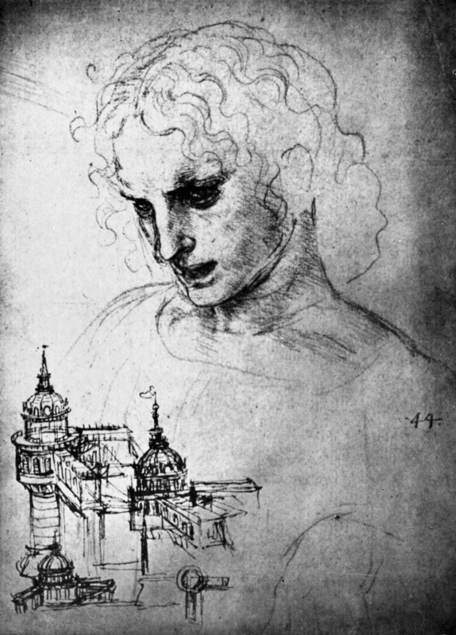 Tanulmány Szent Jakab fejének és egy építészeti rajz, 15. század 1930. alkotó: Leonardo da Vinci