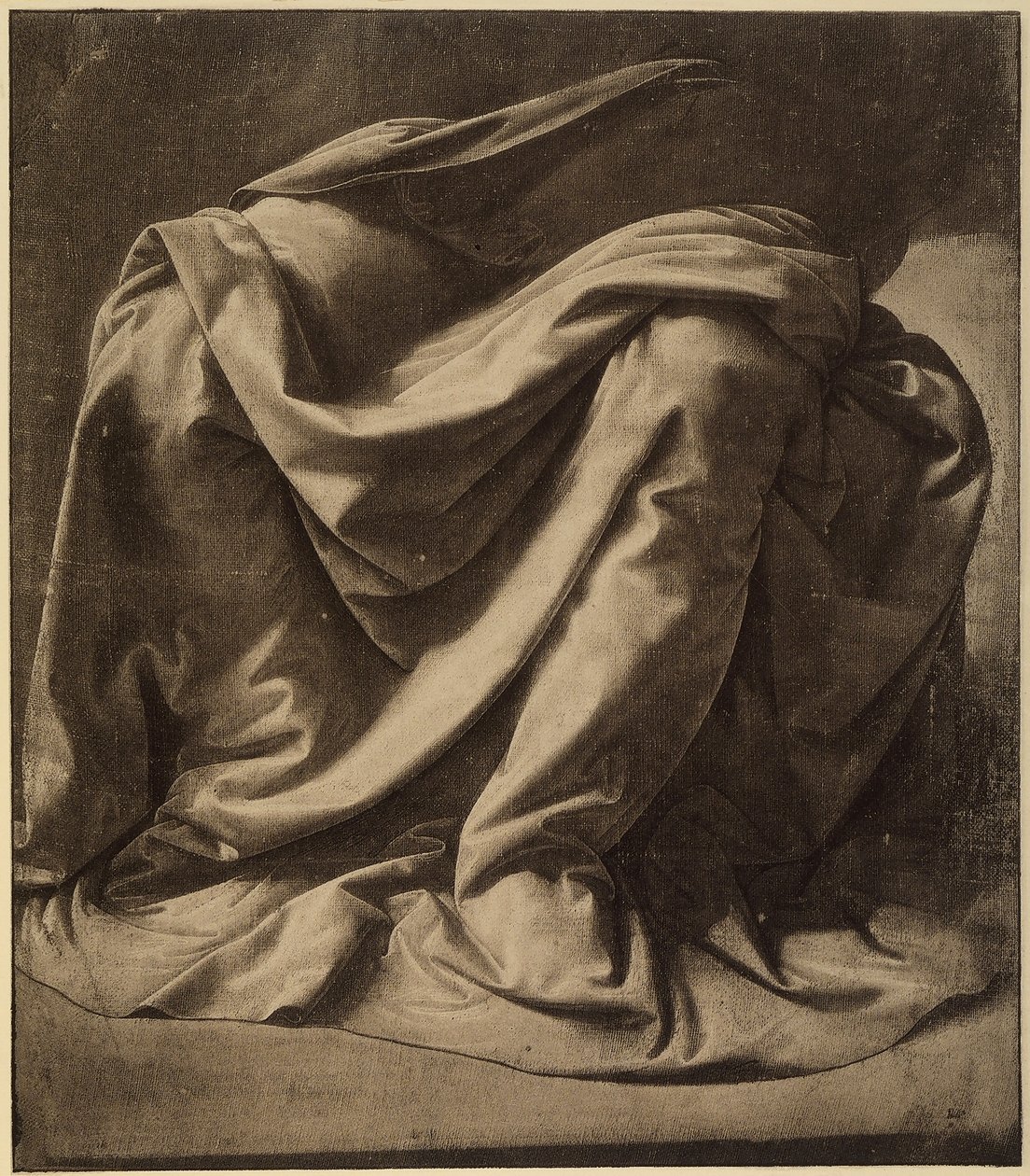 Tanulmány a Szűz köpenyéhez az Angyali üdvözletben ma az Uffiziben; akvarell és fekete fehérrel kiemelve, nagyon finom vásznon, Leonardo da Vinci. Louvre, Párizs alkotó: Leonardo da Vinci
