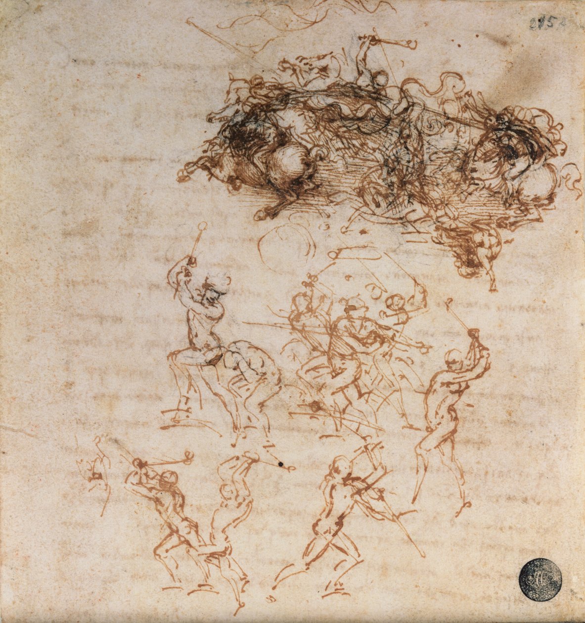 Tanulmány a lovasokról harcban és gyalogos katonákban, 1503 (toll és tinta papíron) alkotó: Leonardo da Vinci