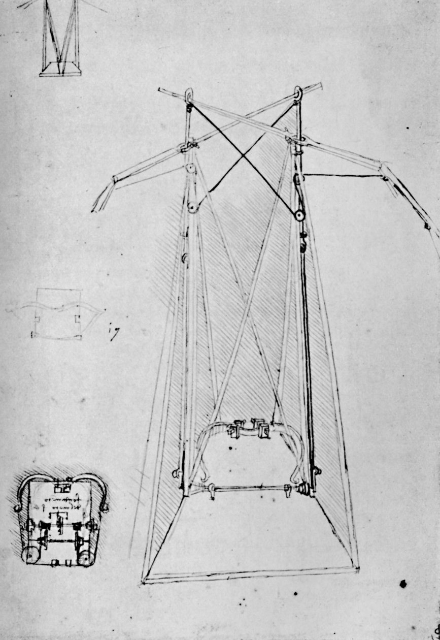 Repülőgép mozgatóberendezésének tanulmányozása a bázis mechanizmusának alaprajzával, 1928 alkotó: Leonardo da Vinci