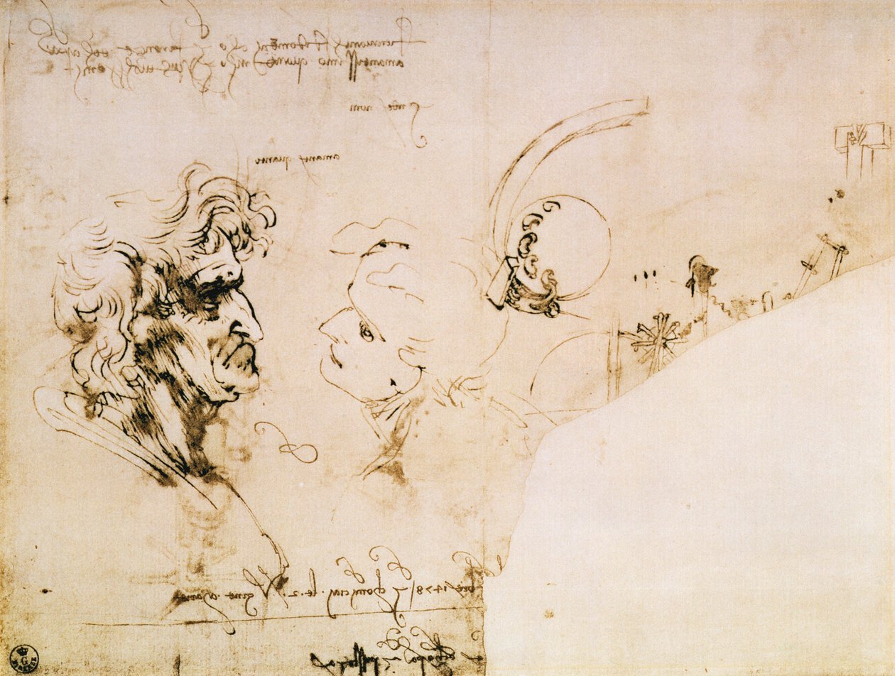 Két fej vizsgálata a profilban és a gépek tanulmányozása alkotó: Leonardo da Vinci