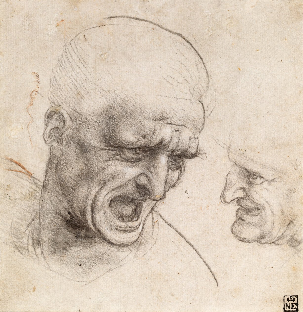 Tanulmány két harcos fejéről az anghiari csatára vonatkozóan alkotó: Leonardo da Vinci