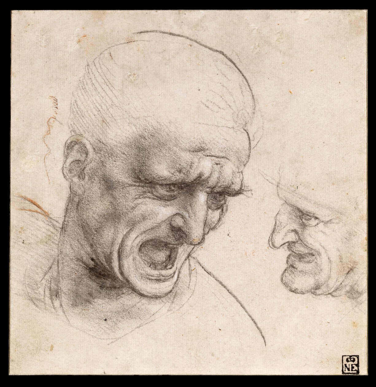 Tanulmány két harcos fejéről az anghiari csatára vonatkozóan alkotó: Leonardo da Vinci