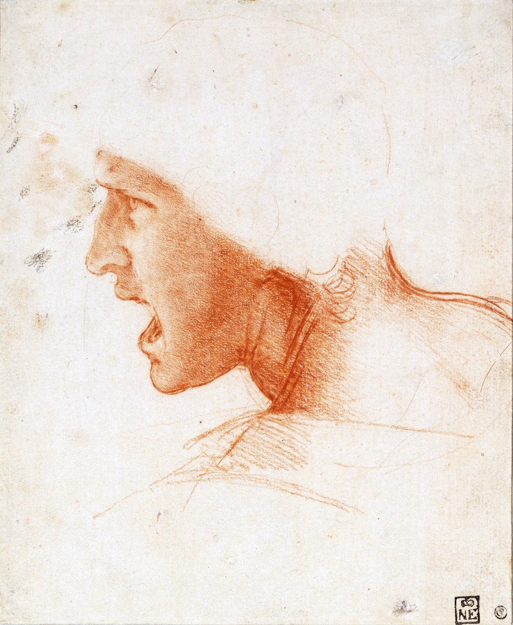 Tanulmány egy harcosfejről az anghiari csatához - Leonardo da Vinci (1452-1519) - 1504-1505 - Szangvinikus papíron - 22,6x18,6 - Szepmuveszeti Múzeum, Budapest alkotó: Leonardo da Vinci