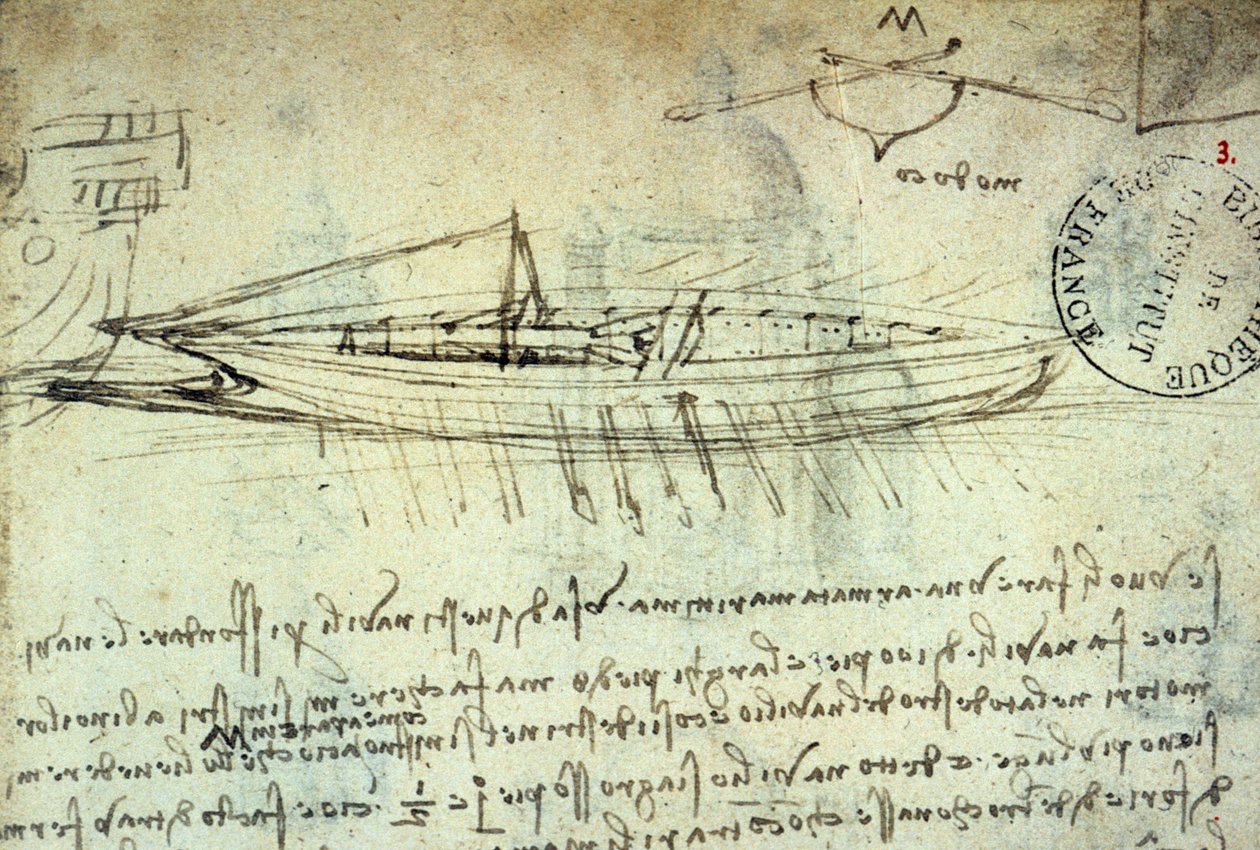 Leonard de Vinci (Leonardo da Vinci) (1452-1519) tanulmánya egy sor evezővel felszerelt csónakról. Rajz tollal és tussal. Kézirat. Az Institut de France könyvtára. Párizs. alkotó: Leonardo da Vinci
