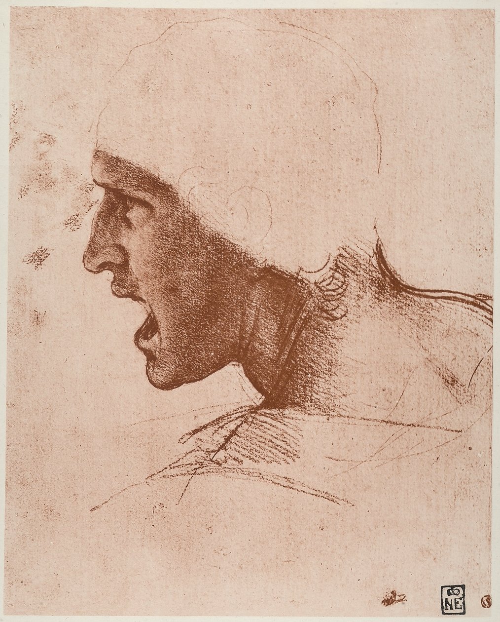 Tanulmány az anghiari csatához készült férfifejről, Leonardo da Vinci szangvinikus rajza rózsaszínű papírra, a budapesti Szépművészeti Múzeumban őrzik. alkotó: Leonardo da Vinci