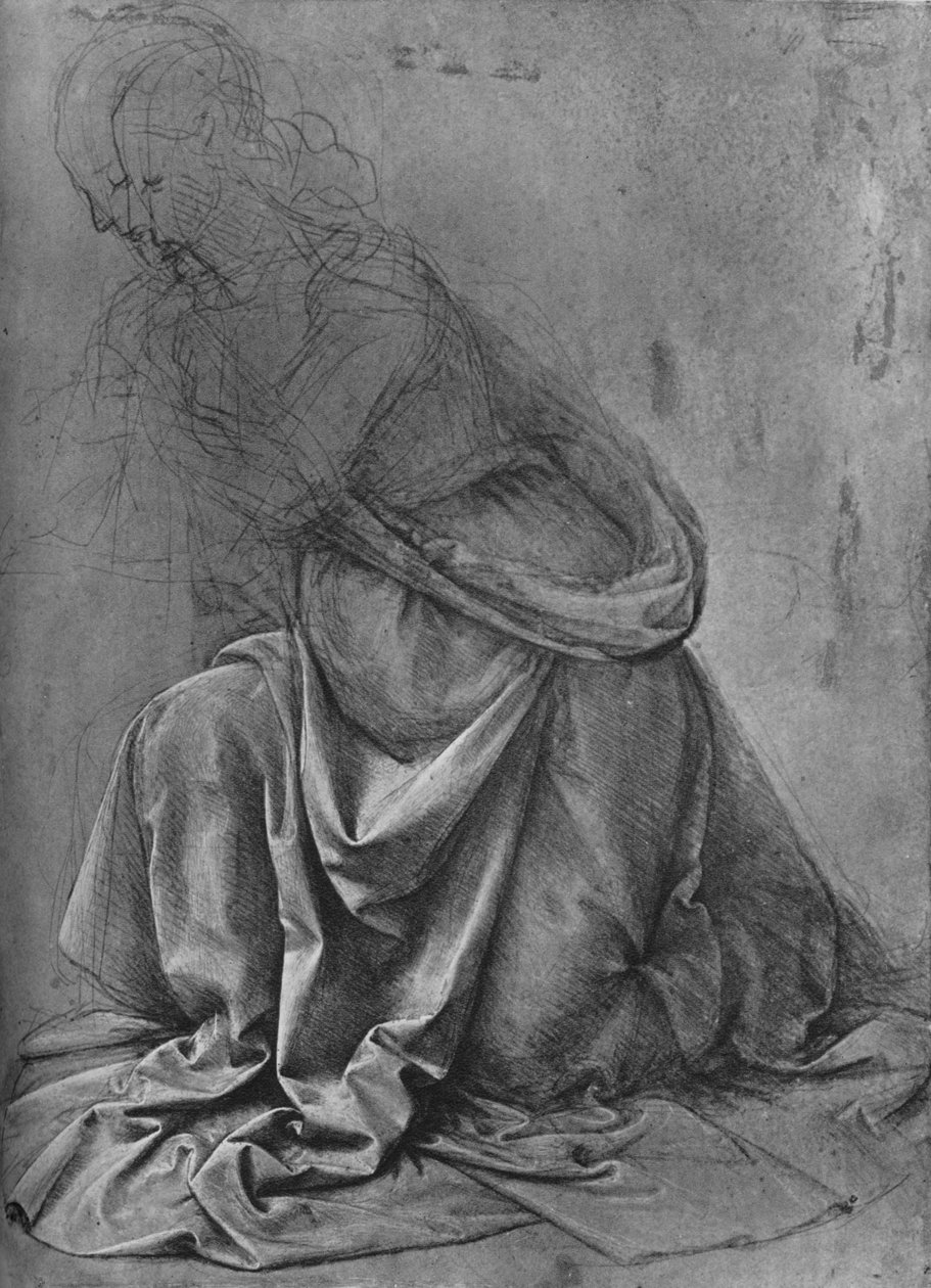 Tanulmány egy balra térdelő nő drapériájáról, c1477 1945 alkotó: Leonardo da Vinci