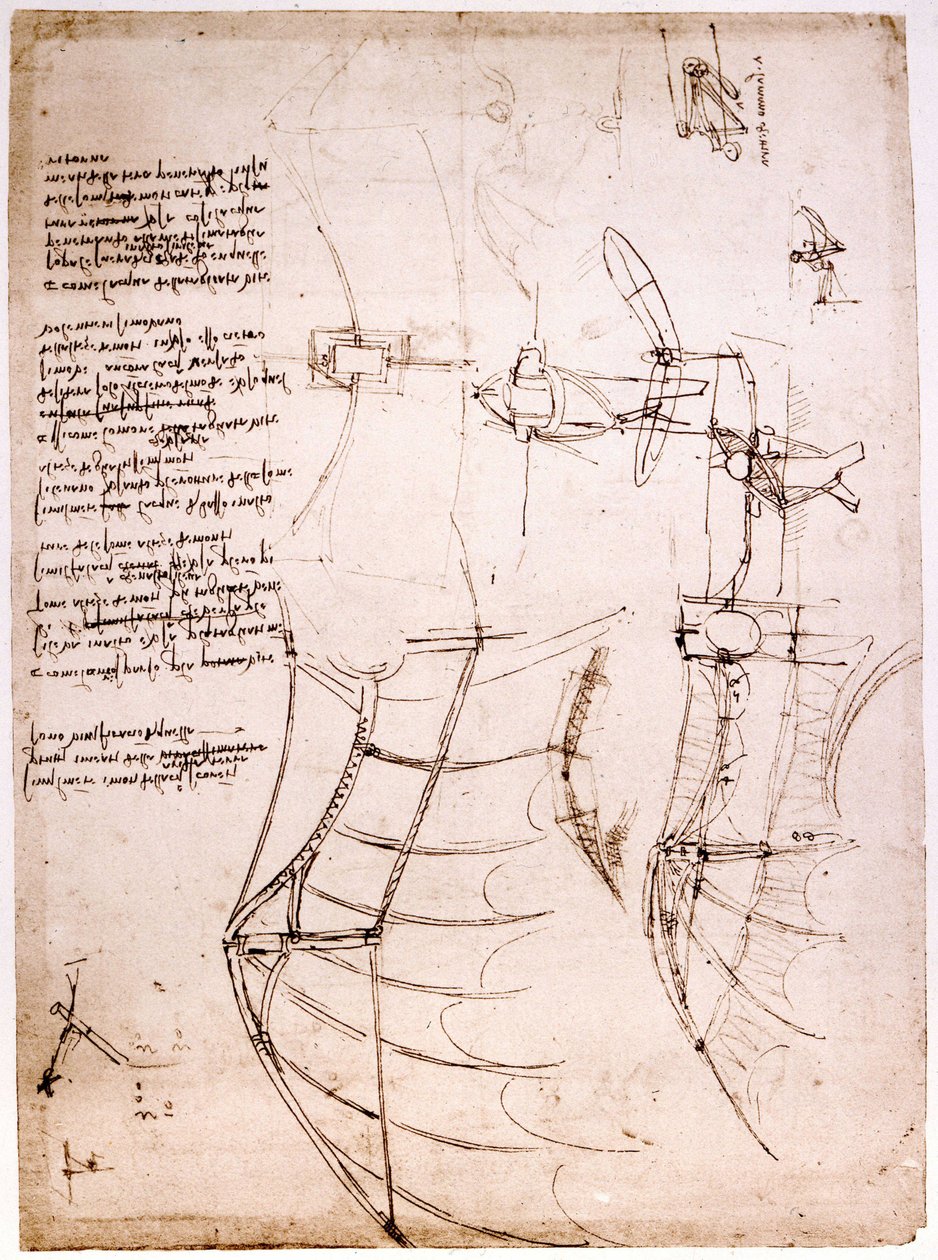 Tanulmány a szárnyakon. Codex Atlantic. Atlantic Codex, Leonard de Vinci (Leonardo da Vinci) rajza 1499 körül. alkotó: Leonardo da Vinci