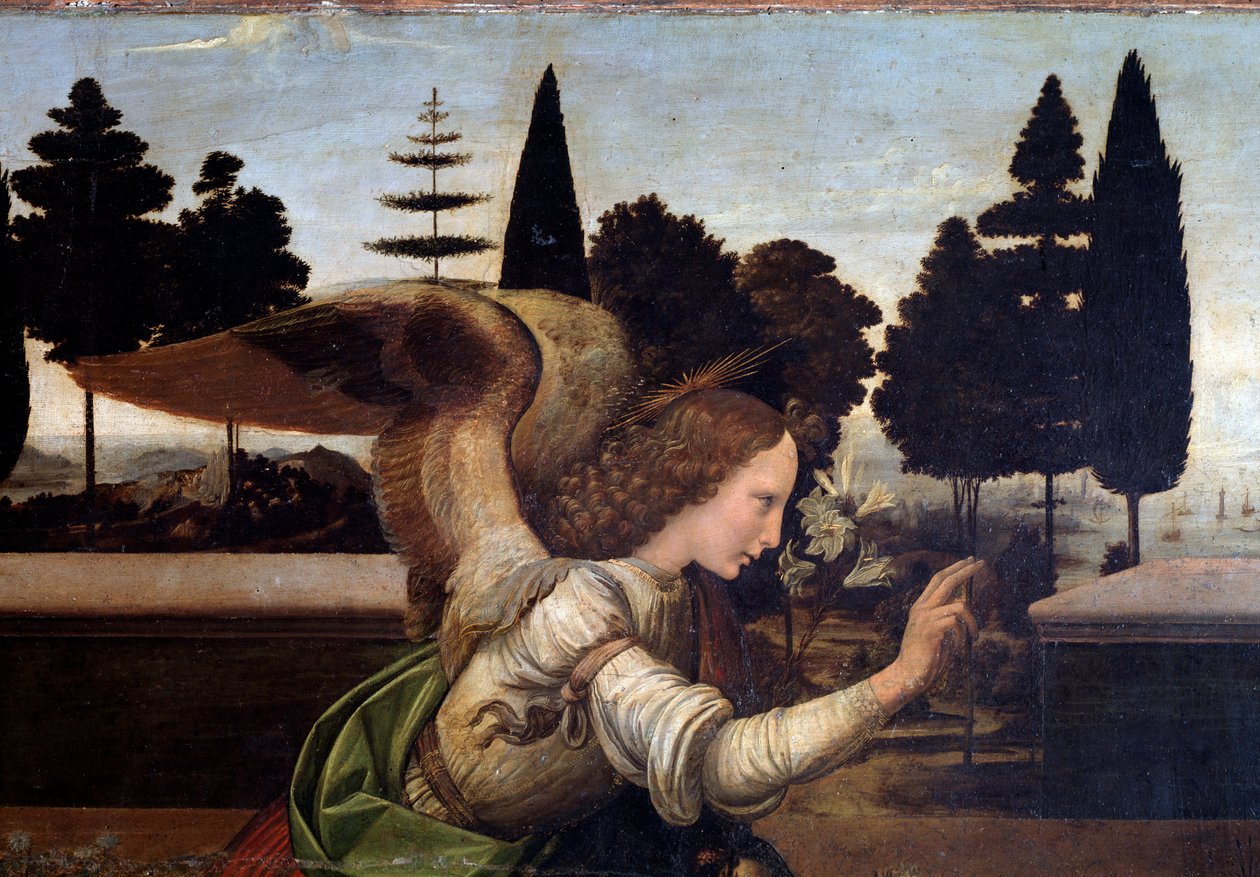 Angyali üdvözlet, az Angyal részlete - olaj, fa alkotó: Leonardo da Vinci