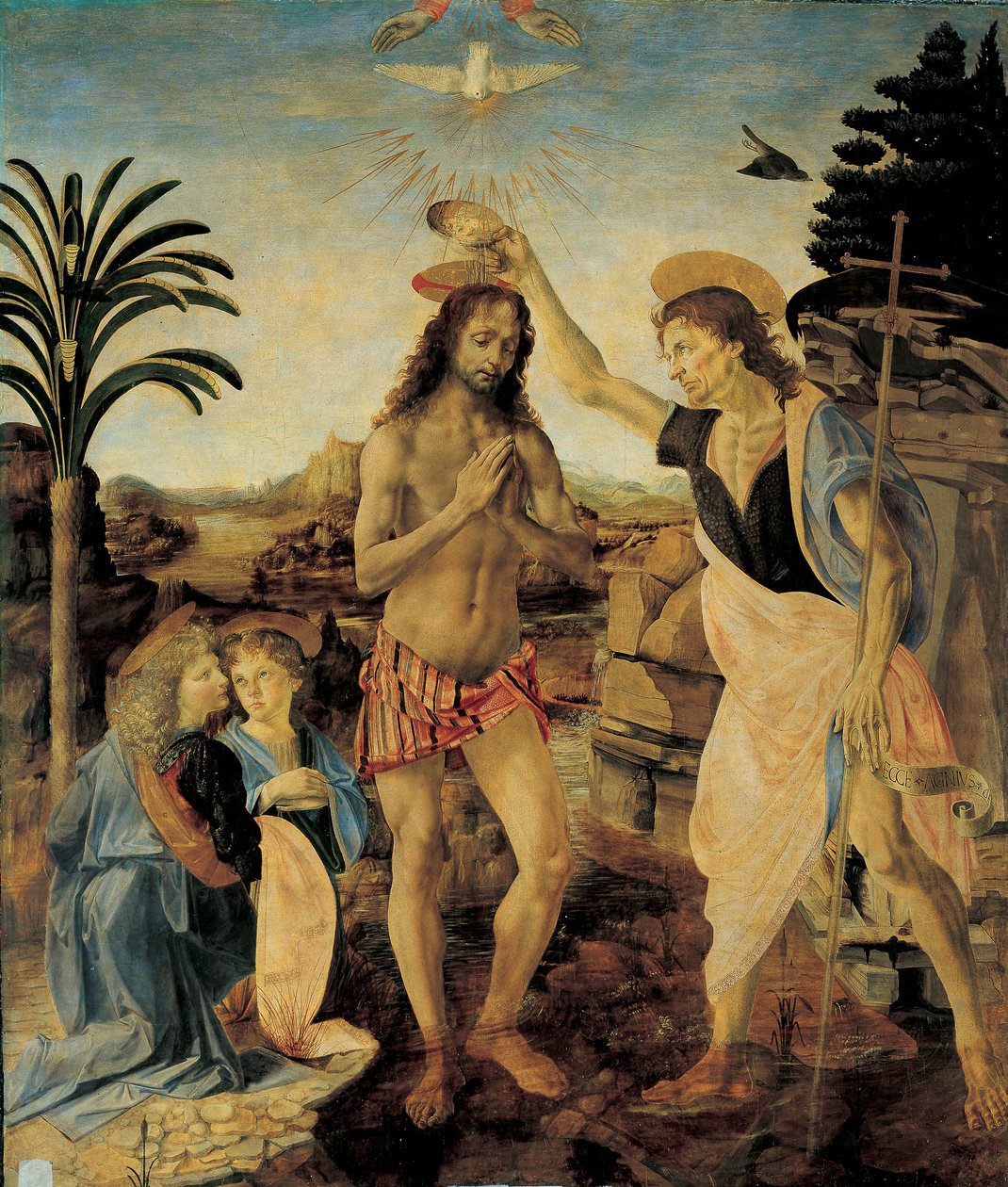 Krisztus megkeresztelkedése 1475-1478 körül Andrea del Verrocchio (1436-1488) és Leonardo da Vinci (Vinczi Leonardo) (1452-1516) Olaj és tempera fán alkotó: Leonardo da Vinci