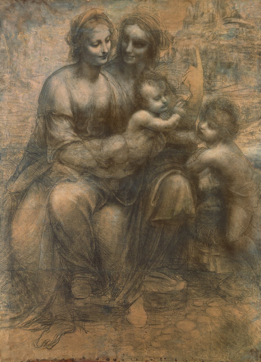 Szűz és gyermek Szent Annával és Keresztelő Szent János csecsemő, 1499-1500 körül (papíron fehér krétával magasított szén, vászonra rögzítve) alkotó: Leonardo da Vinci