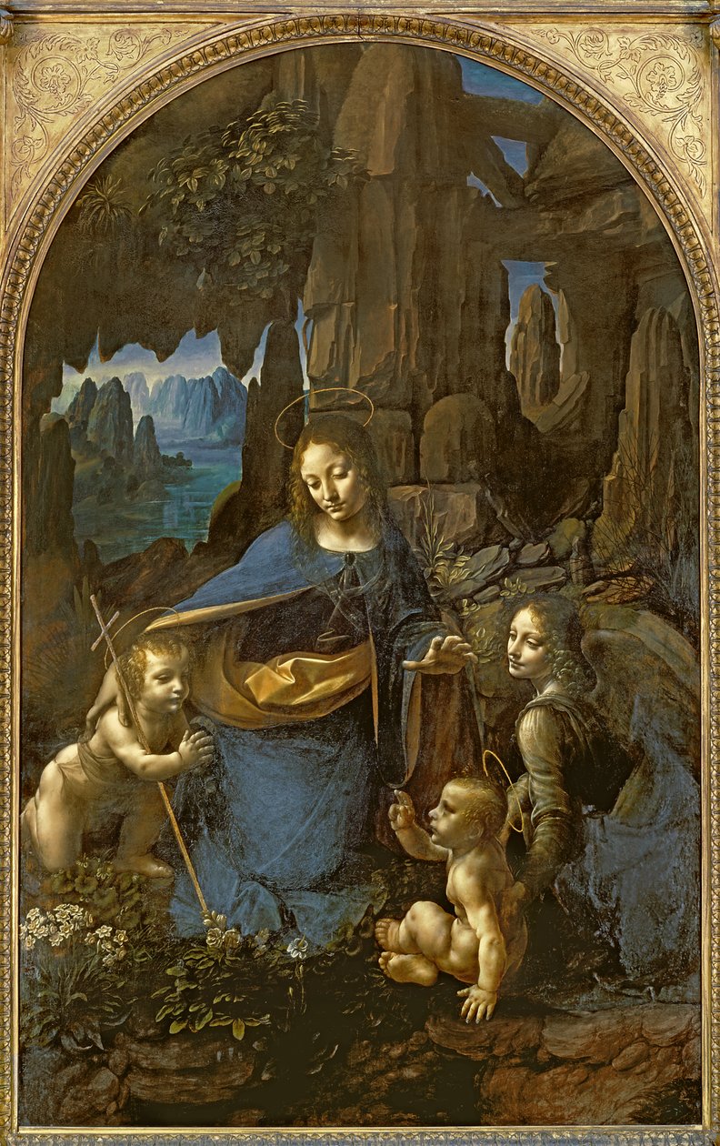 A Sziklák Szűza (a Szent János csecsemővel, aki egy angyal kíséretében imádja a Kisded Krisztust), 1508 körül (olaj, tábla) alkotó: Leonardo da Vinci