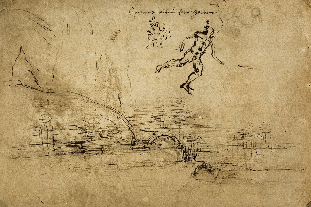 Tájrajz hátoldala katona alakjával: Leonardo da Vinci tollrajza. Rajzok és nyomatok kabinetje, Uffizi Galéria, Firenze alkotó: Leonardo da Vinci