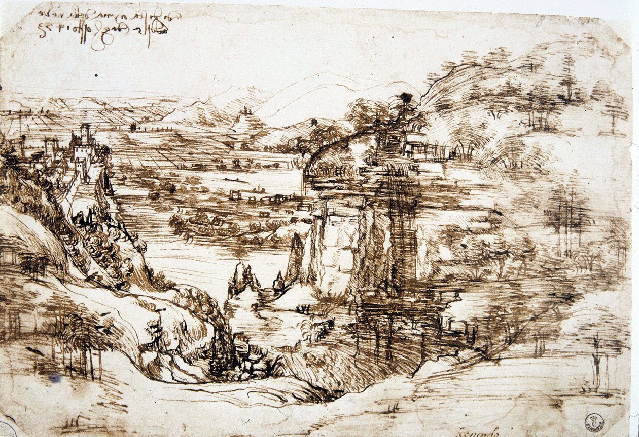 Leonard de Vinci (Leonardo da Vinci) (1452-1519) első ismert rajza, „” Santa Maria della Neve tája””: a Firenze melletti Arno völgyének tája. alkotó: Leonardo da Vinci