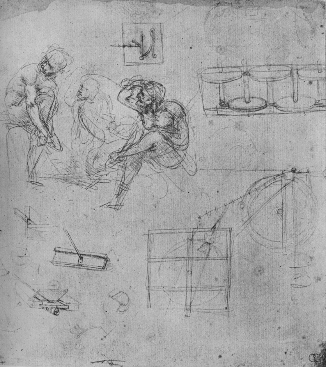 Három ülő figura és géptanulmányok, 1480-1481, 1945 alkotó: Leonardo da Vinci