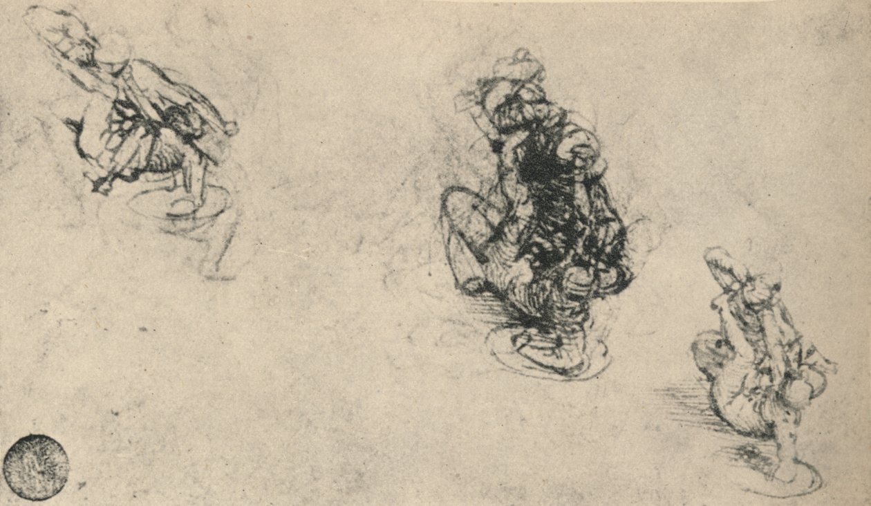Három tanulmány egy emberről, aki egy bukott ellenséget véd, c1480, 1945 alkotó: Leonardo da Vinci