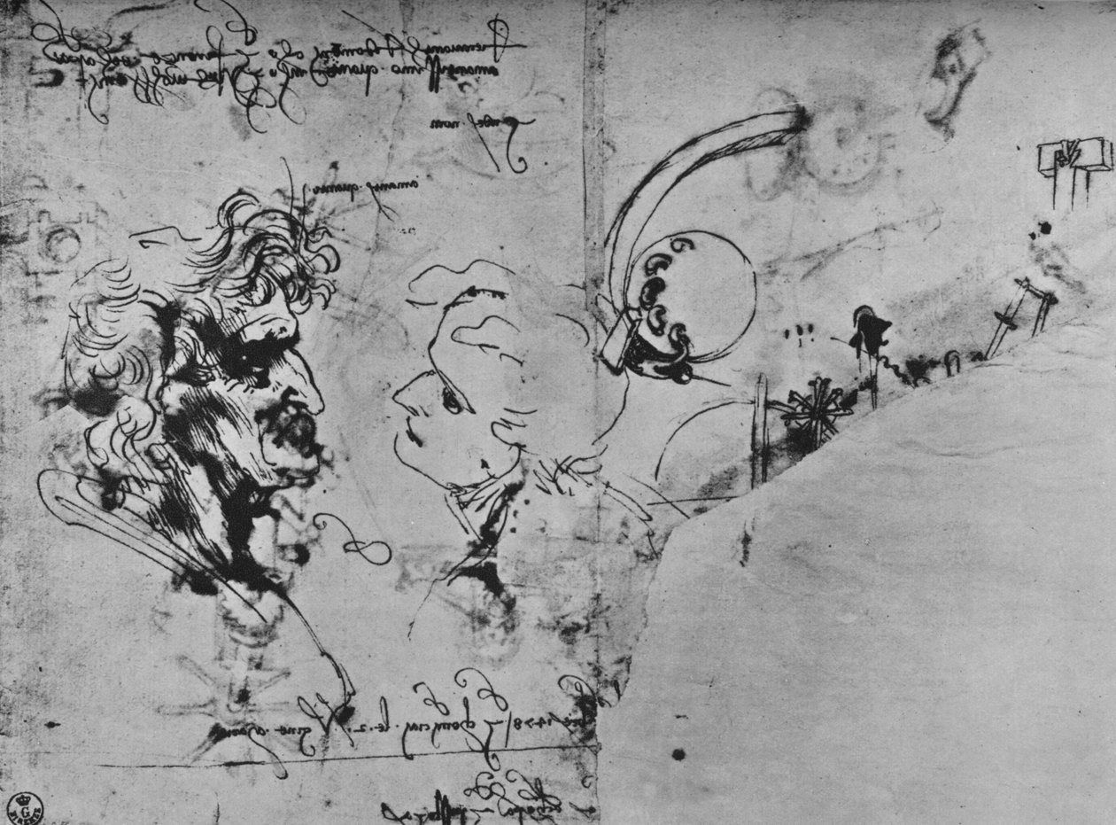 Two Profiles and Studies of Machinery, c1480 1945 alkotó: Leonardo da Vinci