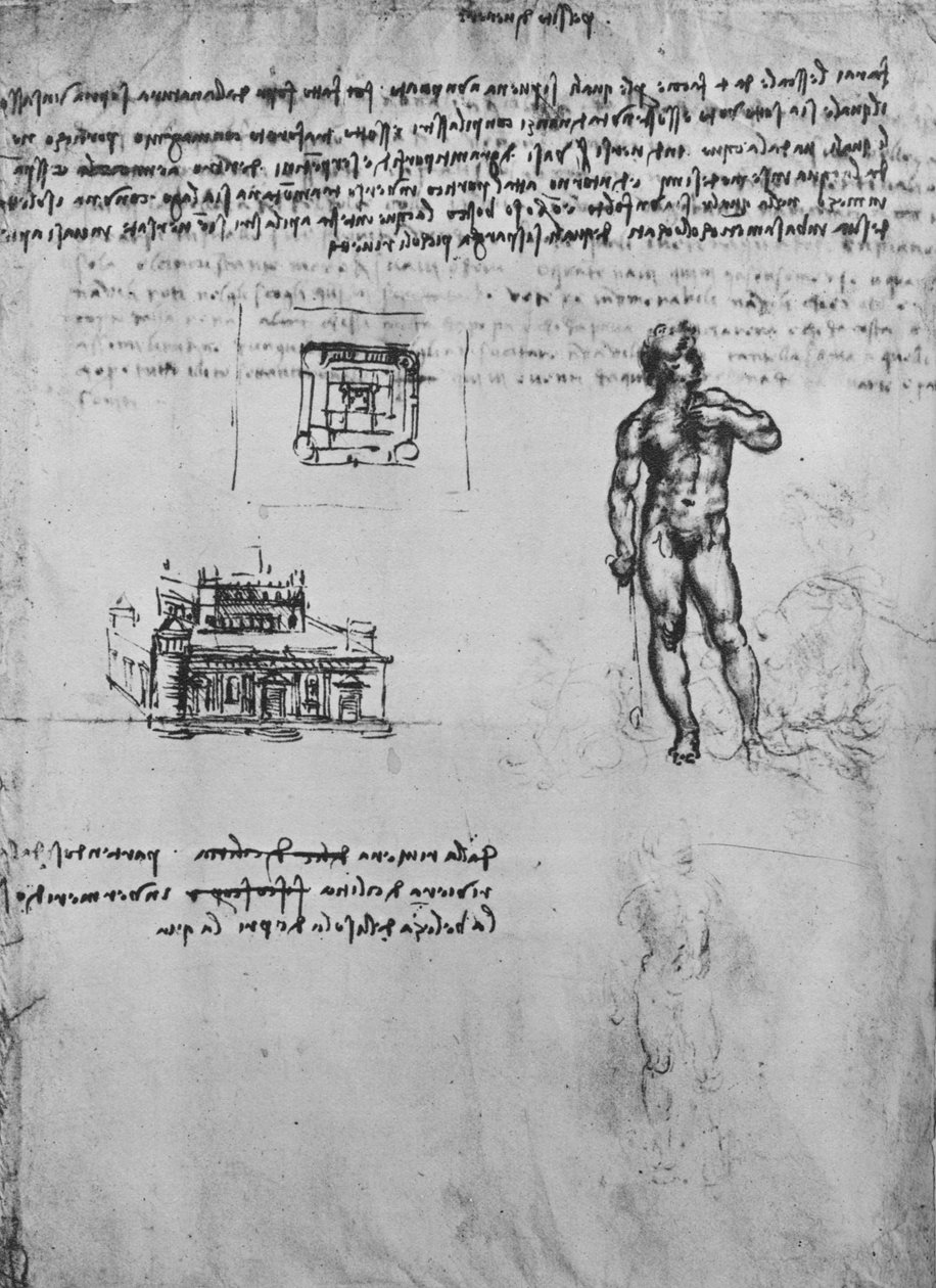 Két tanulmány egy aktfiguráról és egy épület nézetéről és tervéről, c1480 1945 alkotó: Leonardo da Vinci