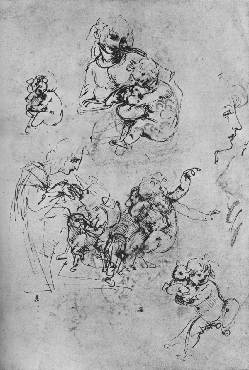 Két tanulmány a Madonnáról és a Gyermekről egy macskával és Három Tanulmány a Gyermekről, 1475-1481, 1945 alkotó: Leonardo da Vinci