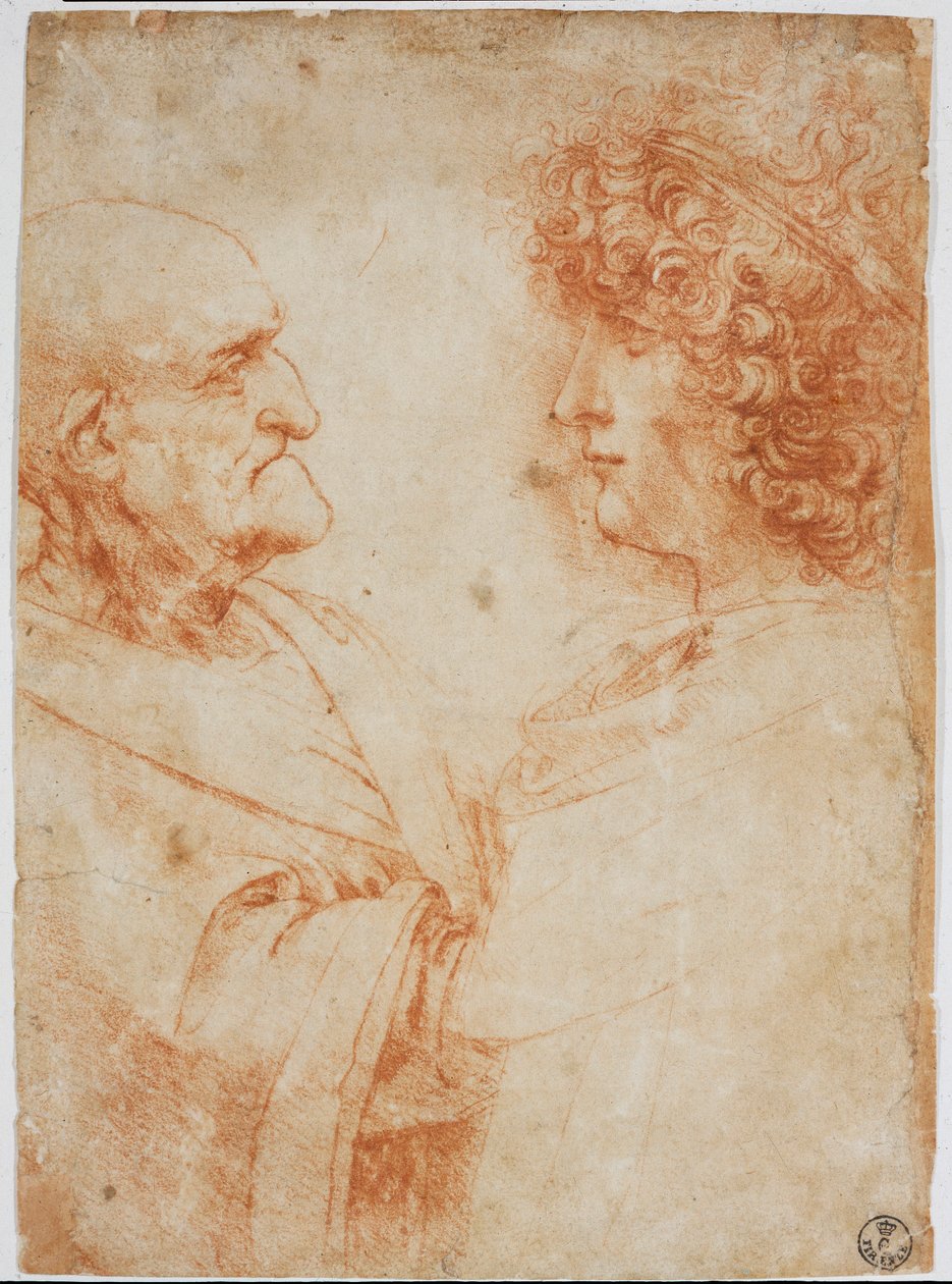 Két férfi profil, egy öreg és egy fiatal férfi - A fiatalember Gian Giacomo Caprotti dit Andrea Salai vagy Salaij (kb. 1480-1524), Leonard tanítványát és szeretőjét ábrázolja - Leonardo da Vinci (Leonard de Vinci) a la sanguine rajza ( 1452-1519) – Firenze alkotó: Leonardo da Vinci