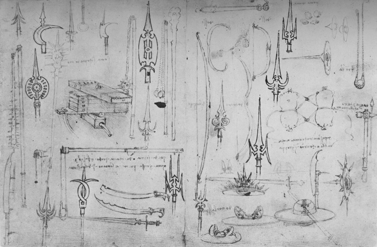 Különféle támadás és védelem fegyverei, c1480 1945 alkotó: Leonardo da Vinci