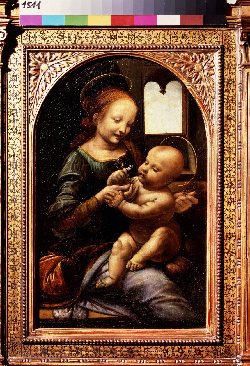 Szűz és gyermek virággal vagy Madonna Benois (Madonna virággal vagy Madonna Benois). Leonardo da Vinci festménye (Leonardo da Vinci alkotó: Leonardo da Vinci