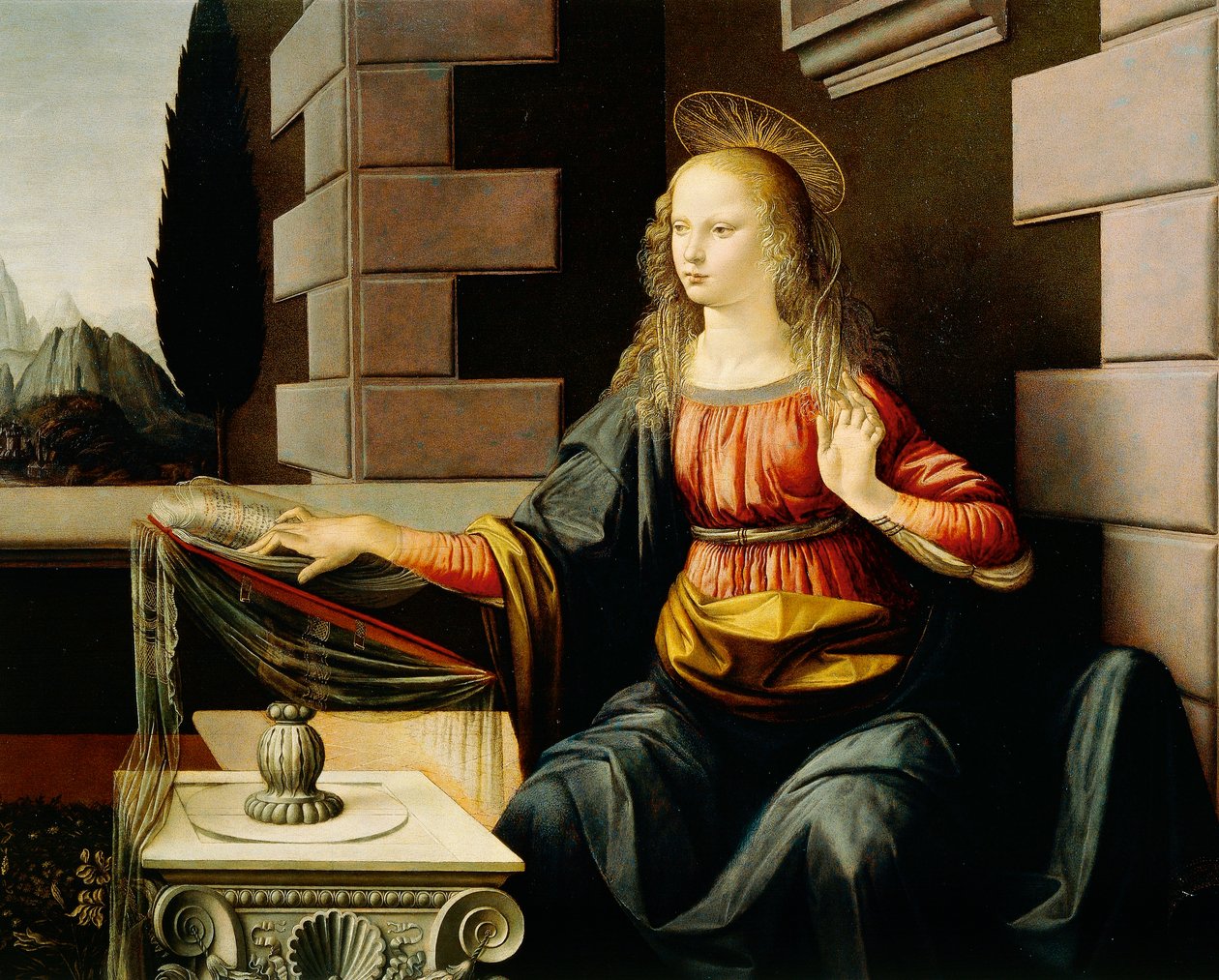 Szűz Mária, részlet az Angyali üdvözletből, 1475 körül (olaj és tempera fán) alkotó: Leonardo da Vinci