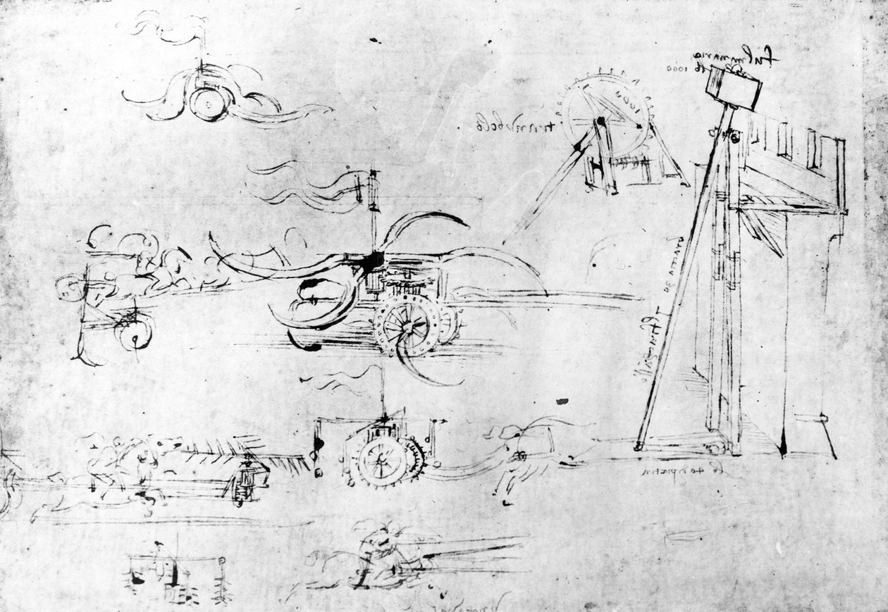 Fegyvertervek, fol. 40v-a (toll és tinta papíron) alkotó: Leonardo da Vinci