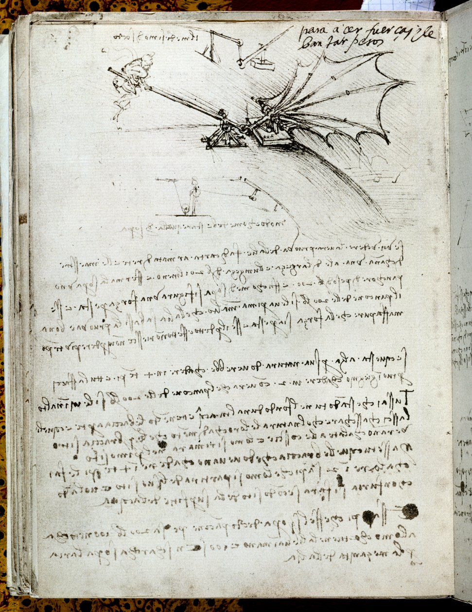 Szárnyképzés. Repülőgép rajz. Leonard De Vinci kézirata (Leonardo da Vinci alkotó: Leonardo da Vinci