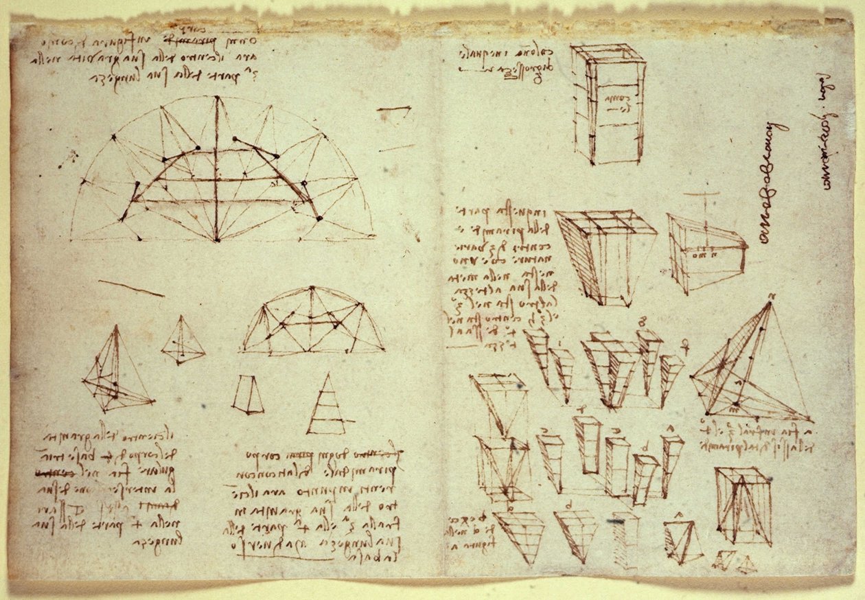Leonardo da Vinci jegyzetfüzete, amely geometriai alakzatok diagramjait mutatja be alkotó: Leonardo da Vinci