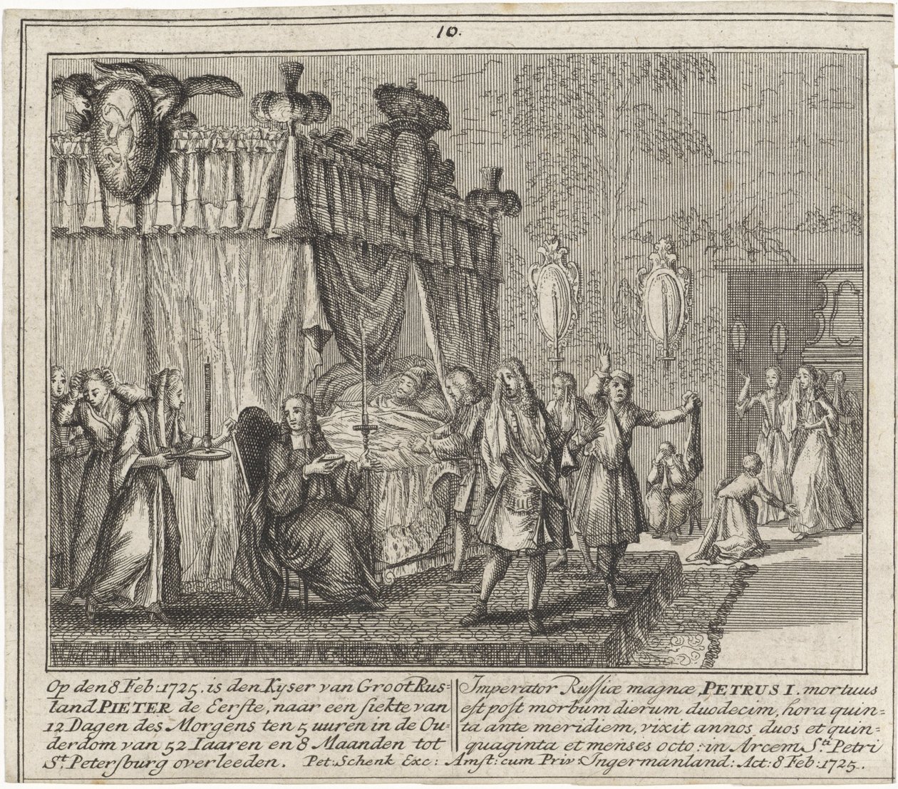 La mort de Pierre I le Grand, le 8 fevrier 1725 – Nagy Péter halála 1725. február 8-án, Schenk, Leonard (1696-1767). Rézmetszet alkotó: Leonardus Schenk