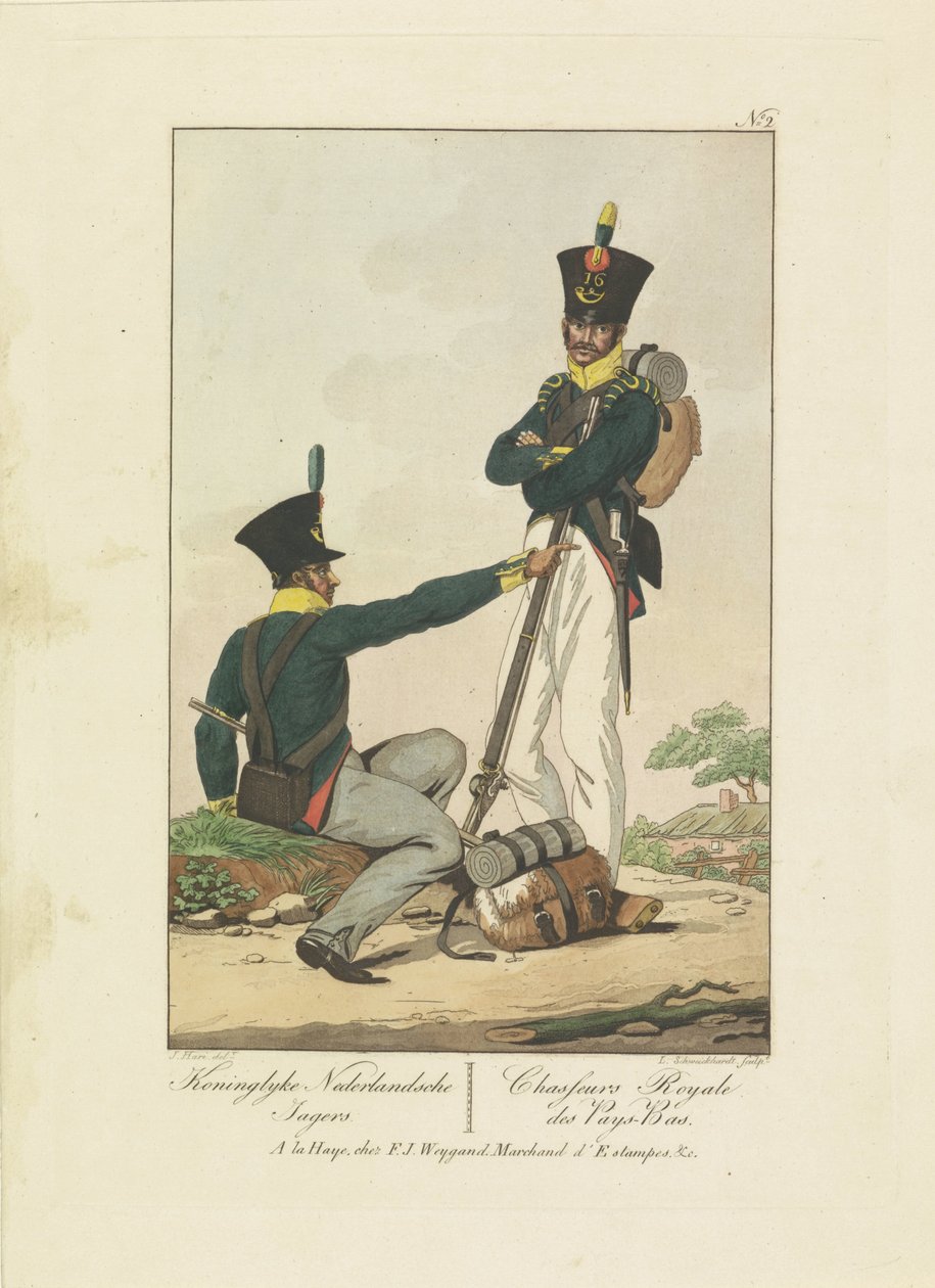 Két vadász, 1814-1818 Koninglyke Nederlandsche Jagers / Chasseurs Royale des Pays-Bas (cím a tárgyon) Hét egységes előadás 1814-1818 (sorozat címe) alkotó: Leonardus Schweickhardt
