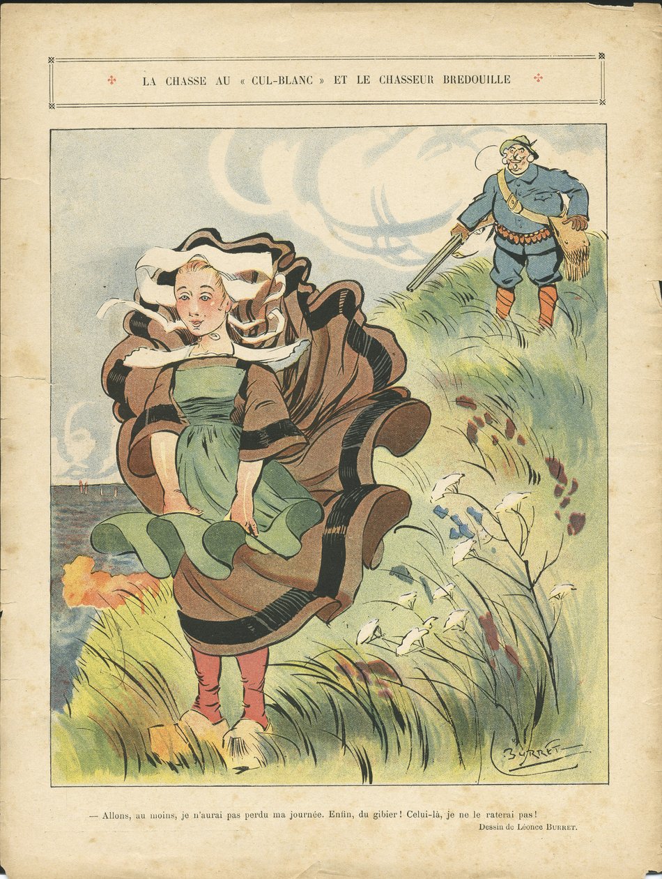 Illusztráció Leonce Burretről (1865-1915) a Le Rire-ben, 03.09.10 - A fehér cul-blanc és a bábu vadász vadászata - Vidék, szabadidő, természeti növényzet, vadászvadász, tengeri tengeri balneaire - parasztok, földművesek alkotó: Leonce Burret
