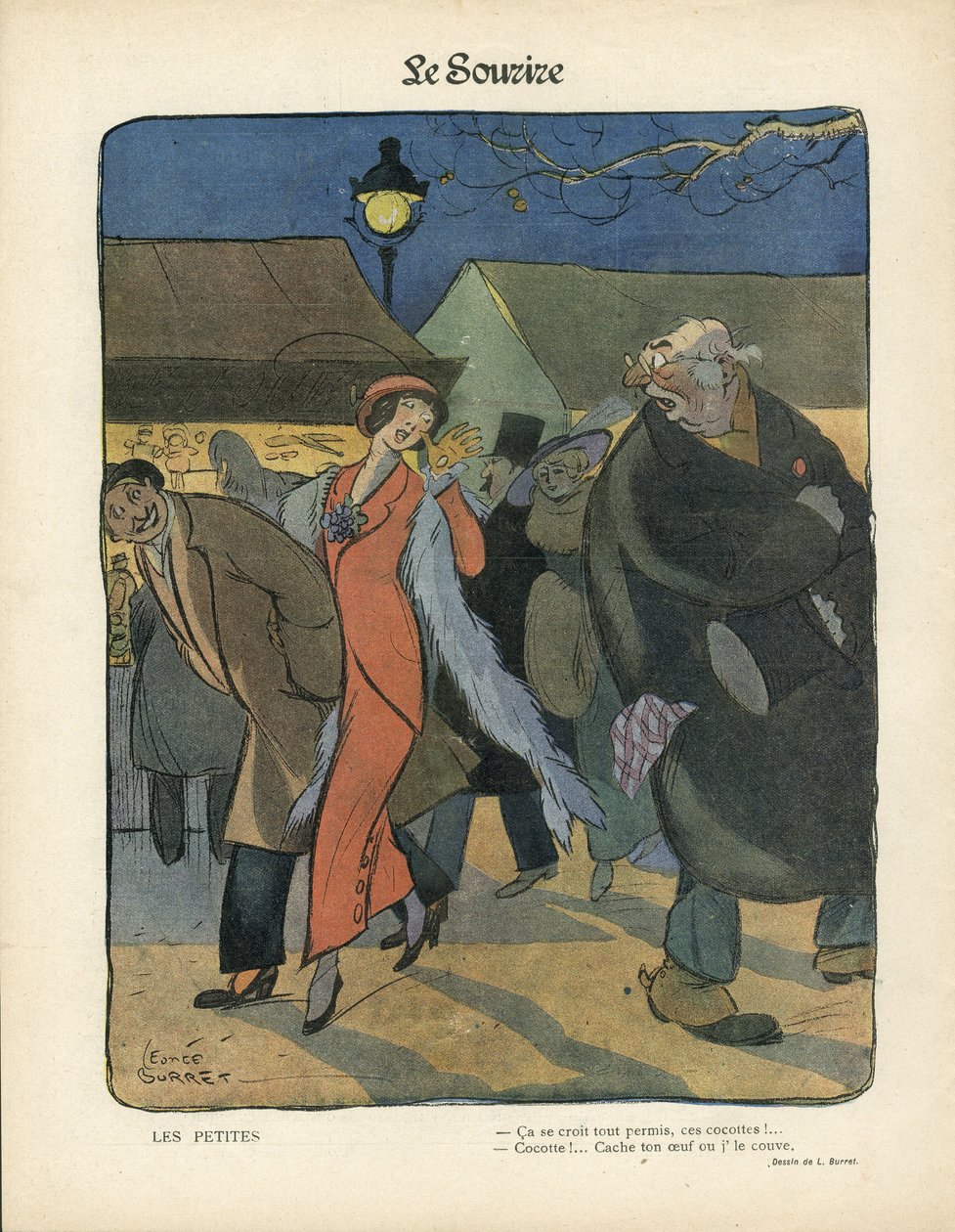 Illusztráció Leonce Burretről (1865-1915) a Le Smile-ben, 1. sz. 4, 23/01/13 - Les Petites - Noktürn, Prostitúció, Papír rakott ételek, Állólámpa, Szőrme alkotó: Leonce Burret
