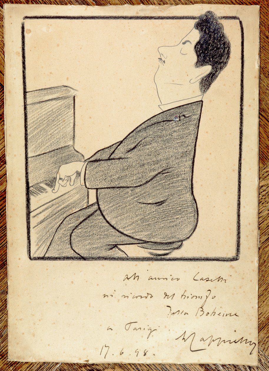Giacomo Puccini (1858-1924) karikatúrája, 1898 alkotó: Leonetto Cappiello