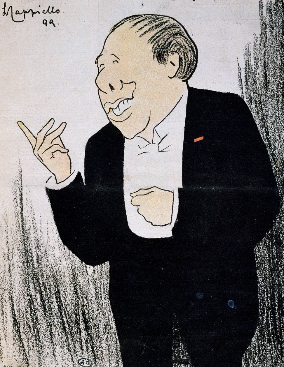 Alexandre Coquelin színész, Coquelin Cadet (1848-1909) néven ismert Leonetto Cappiello (1875-1942) karikatúráján 1899-ből. alkotó: Leonetto Cappiello