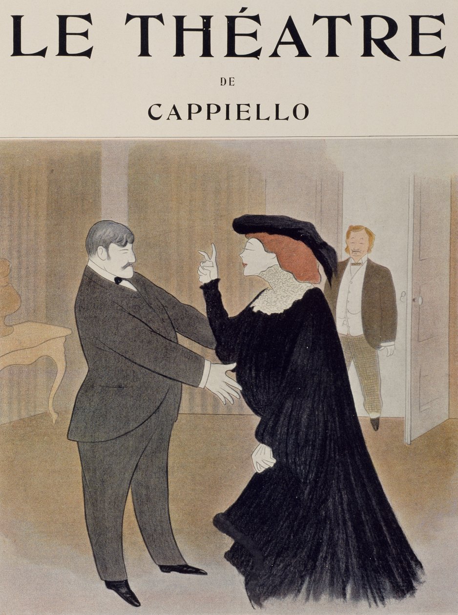 Lucien Quitry és Jane Harding a La Chatelaine jelenetében, a párizsi Renaissance Theatre-ben, Leonetto Cappiello (1875-1942) rajza, a Theatre folyóirat címlapja, 1903. április alkotó: Leonetto Cappiello