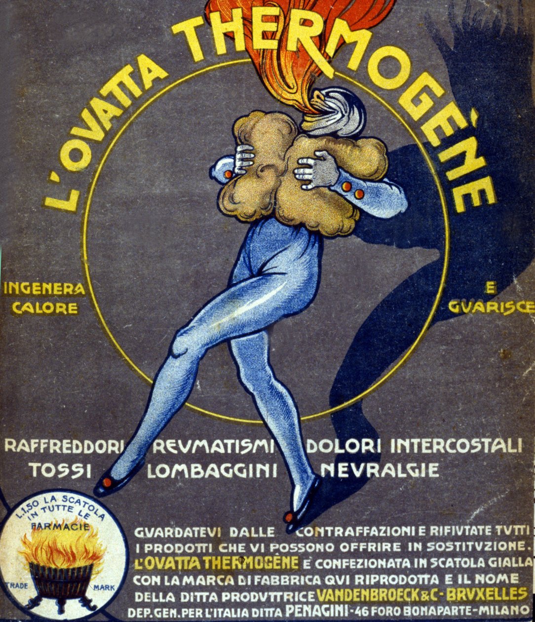 Megfázást, belső fájdalmakat, reumát, köhögést, neuralgiát és lumbágót gyógyító termogén vattával kapcsolatos reklám. L. Cappiello rajza (1875 - 1942) Olaszország, XX. század. alkotó: Leonetto Cappiello
