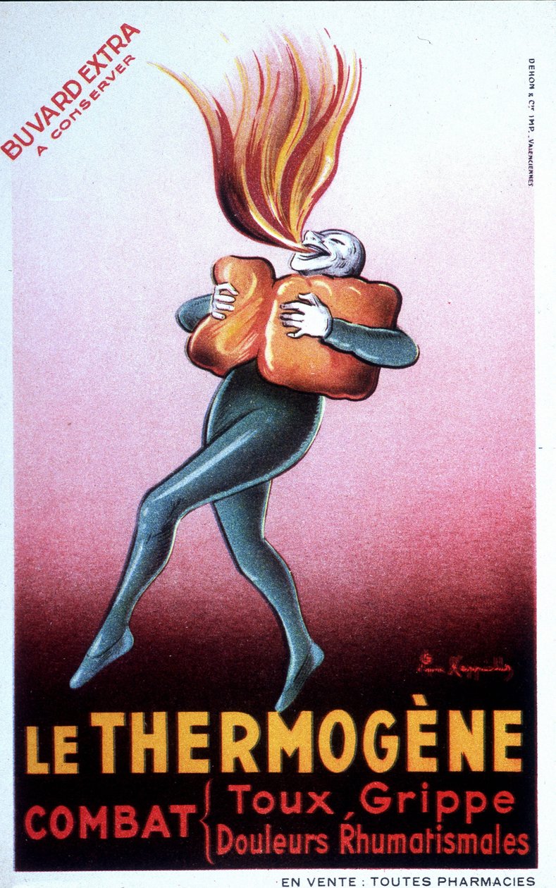 Reklám termogén vatta gyógyító megfázás, bordaközi fájdalom, reuma, köhögés, neuralgia és lumbágó kezelésére. French Bouvard. század eleje alkotó: Leonetto Cappiello