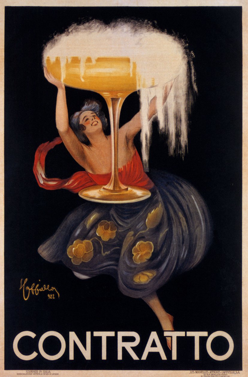 "Contratto" pezsgő reklámplakátja: egy kis tündér, egy hatalmas poharat emelő manó. Illusztráció: Leonetto Cappiello (1875-1942) 1922 alkotó: Leonetto Cappiello