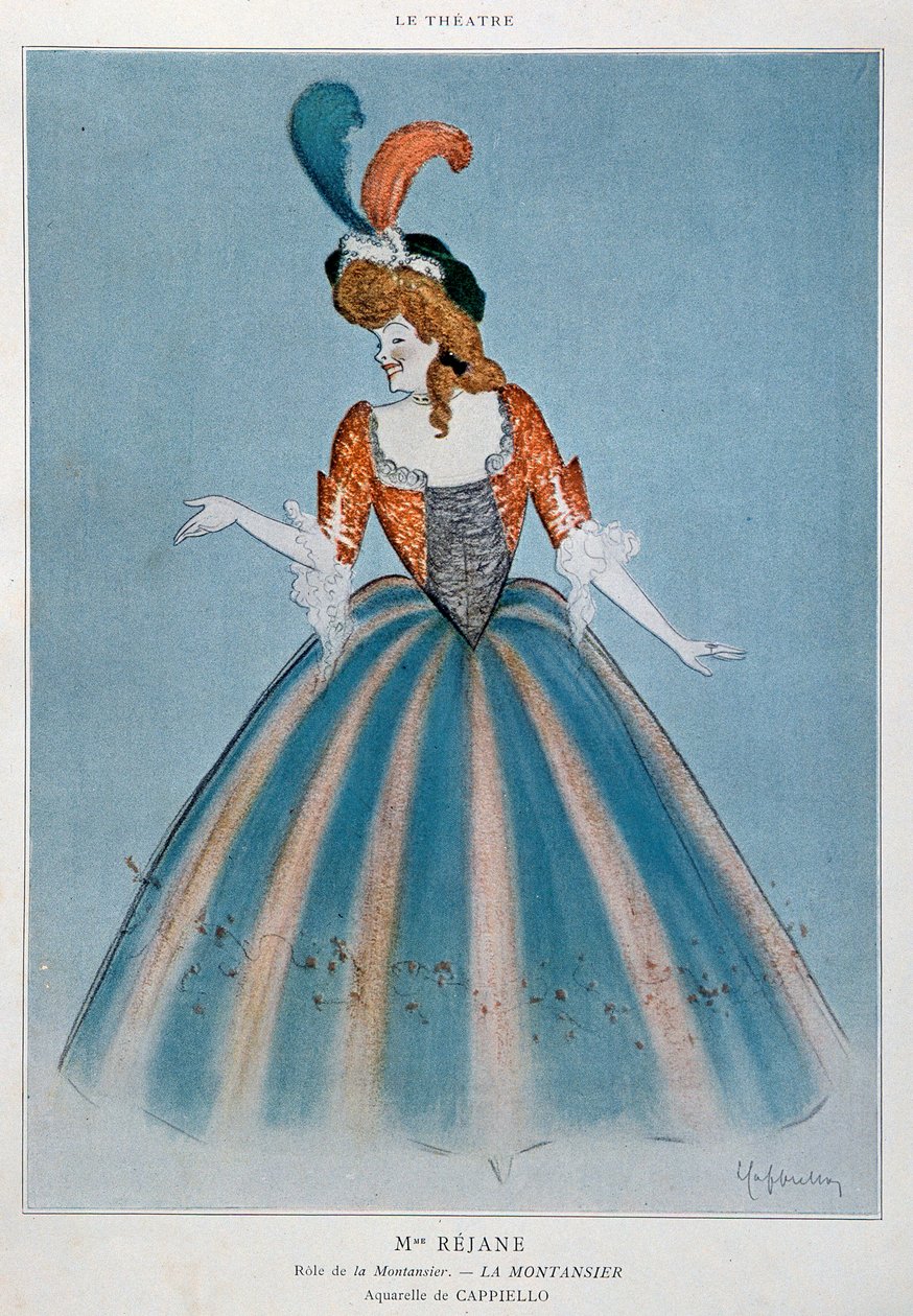 Gabrielle Charlotte Reyu humorista a Montansier szerepében Rejane-t (1856-1920) hívta. Leonetto Cappiello (1875-1942) akvarellje Párizs, díszítőművészet alkotó: Leonetto Cappiello