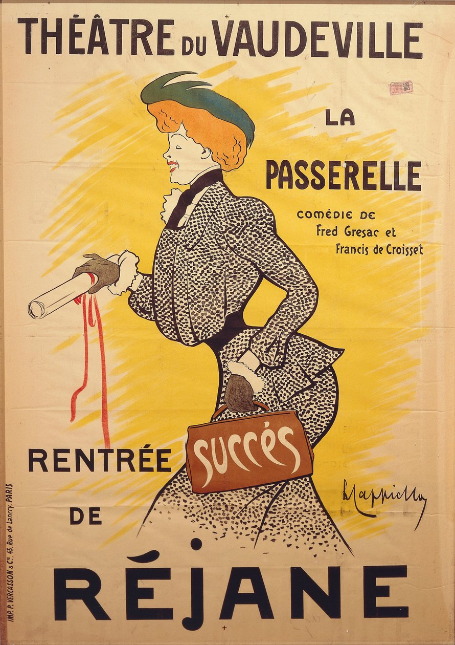 Plakát Francis de Croisset (1877-1937) és Fred De Gresac (1879-1943) "La passerelle" című vígjátékához a Theater du Vaudeville-ben Rejane-nel alkotó: Leonetto Cappiello