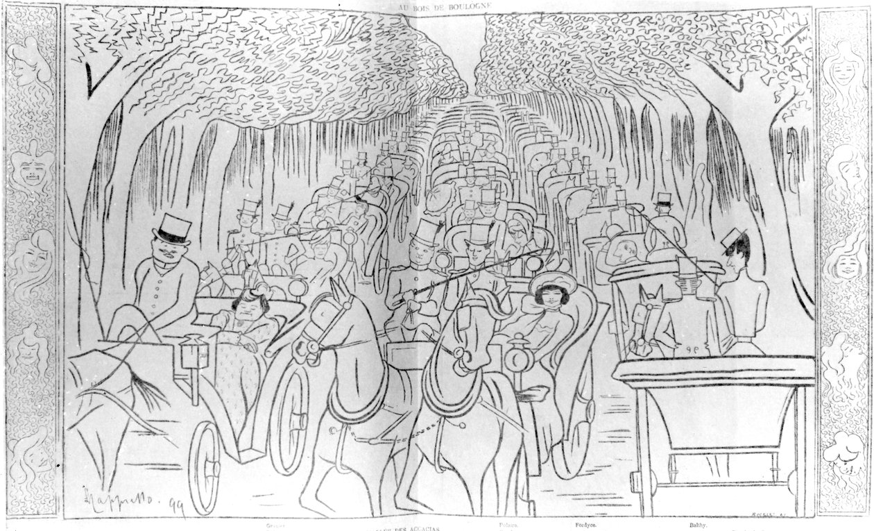 A Belle Epoque korszak színpadi, zeneház- és operasztárjai, autózás a Bois de Boulogne-ban, az Avenue des Acacias-ban, Párizsban, humoros karikatúra a Le Rire Magazinból, 1899 alkotó: Leonetto Cappiello